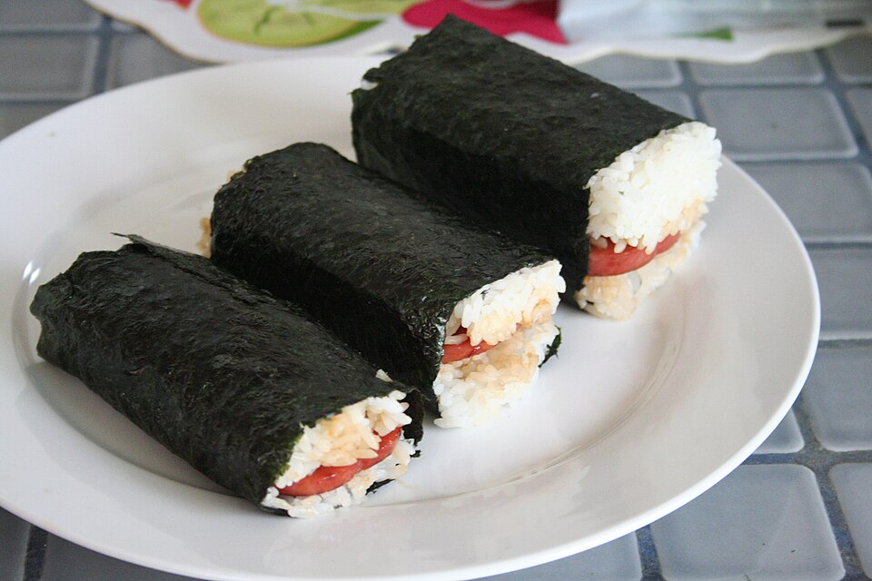 Spam musubi: grilled Spam on rice wrapped with nori seaweed.