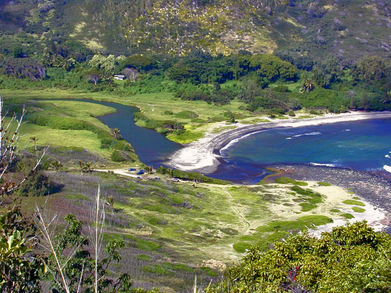 The mouth of Hālawa Valley meeting the ocean on the east end of Molokaʻi.